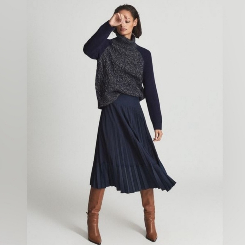Reiss Navy Pleated Midi Skirt with Brown Boots